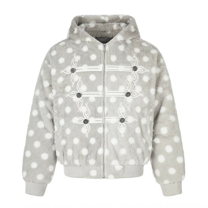 Women’s bomber-style hooded fleece jacket with polka dots and decorative frog button details Mune Fashion