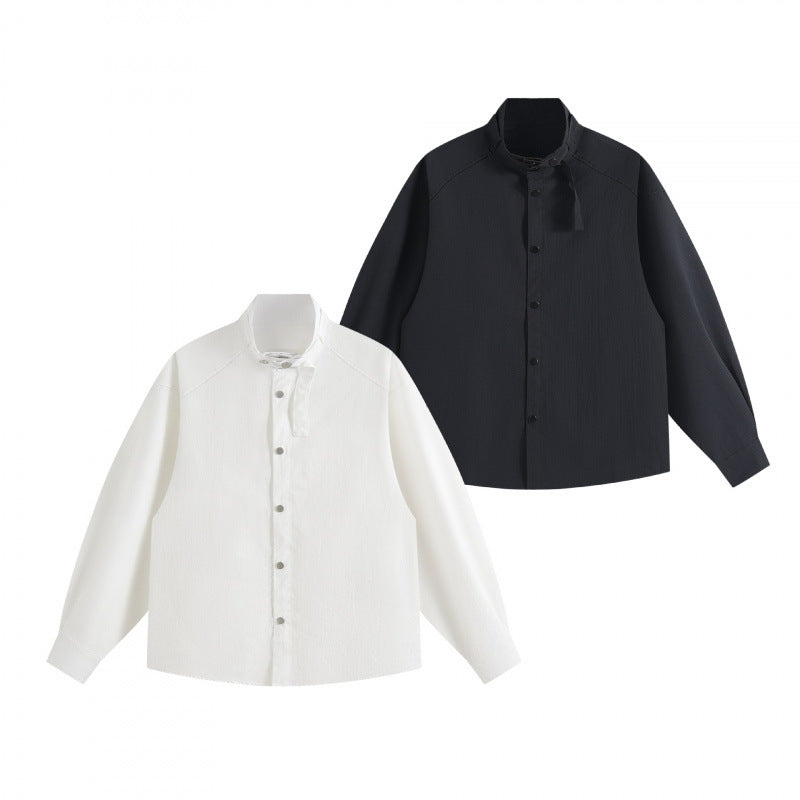 Unisex Boxy Overshirt with Stand Collar, Tie Loop and Snap Button Placket Mune Fashion