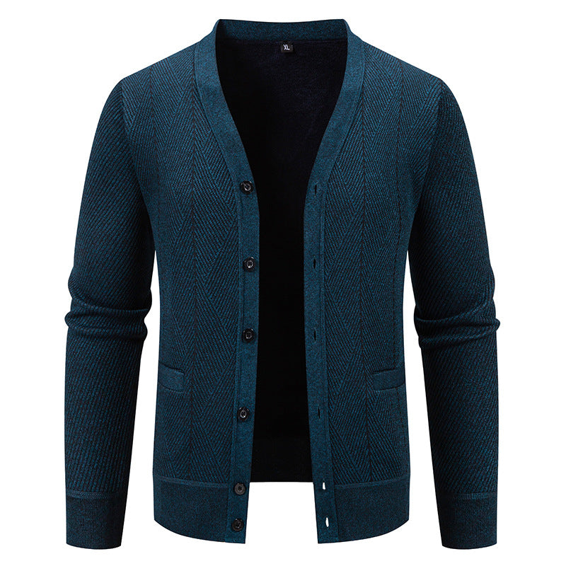 Men's Structured Fine Knit Cardigan with Chevron Pattern, V-Neck and Insert Pockets Mune Fashion