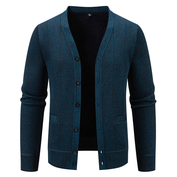 Men's Structured Fine Knit Cardigan with Chevron Pattern, V-Neck and Insert Pockets Mune Fashion