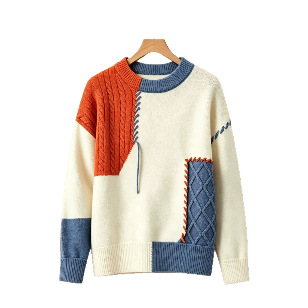 Women Oversize Knit Sweater in Patchwork Design with Cable Knit Inserts Mune Fashion