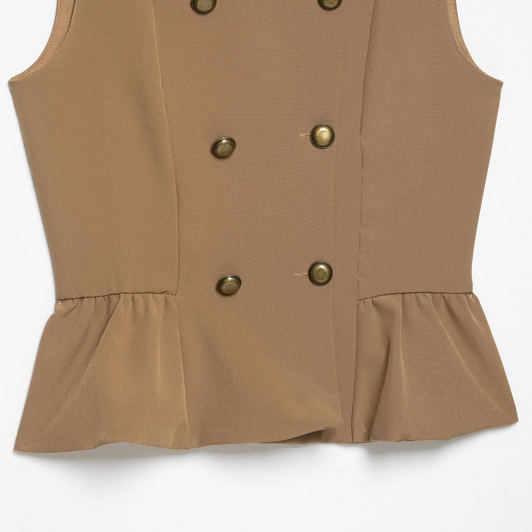Women Double-Breasted Tailored Vest with Stand-up Collar and Waist Ruffle Mune Fashion