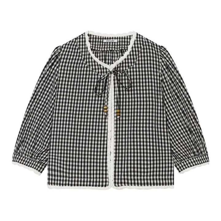 Ladies Vichy Check Blouse with Lace Trim, Tie Band and Three-Quarter Balloon Sleeves Mune Fashion