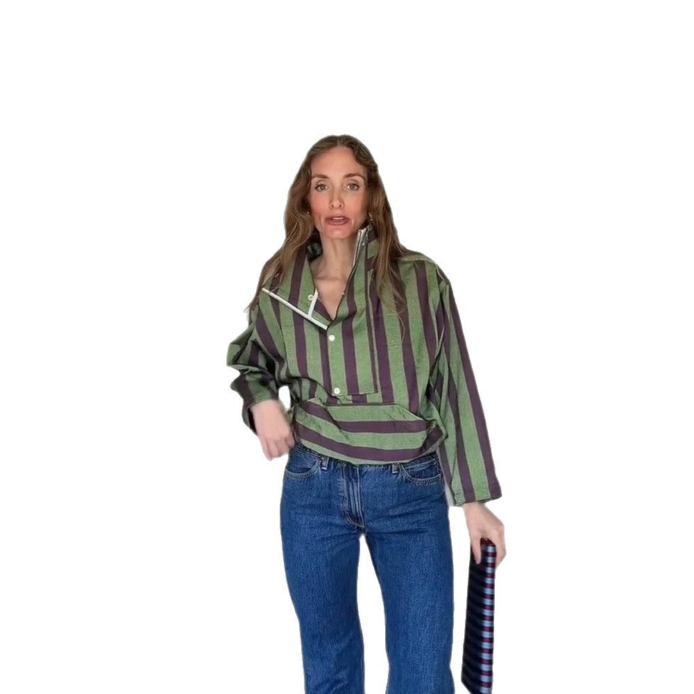 Women Oversized Stripe Sweater with Half Zipper, Stand Collar and Kangaroo Pocket Mune Fashion