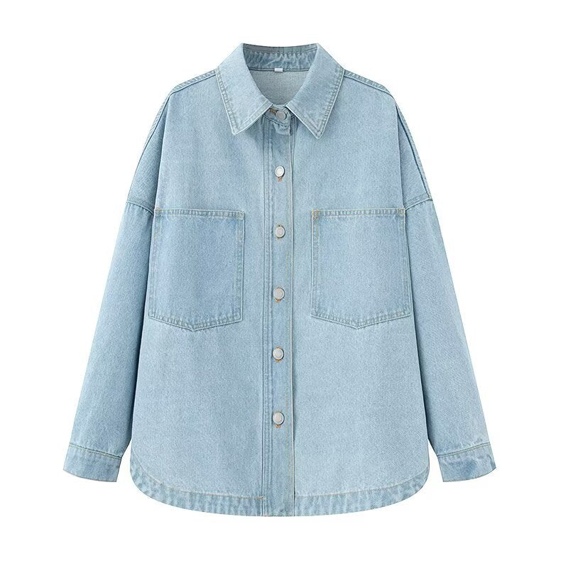 Women's Oversize Jeans Shirt Jacket in Boxy Cut with Patch Chest Pockets and Rounded Hem Mune Fashion