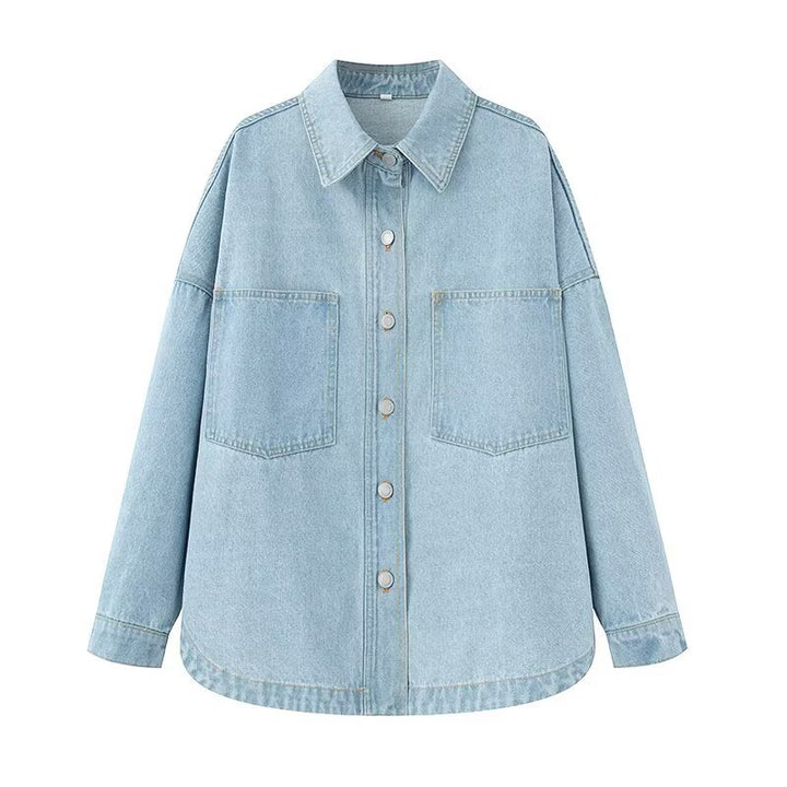 Women's Oversize Jeans Shirt Jacket in Boxy Cut with Patch Chest Pockets and Rounded Hem Mune Fashion