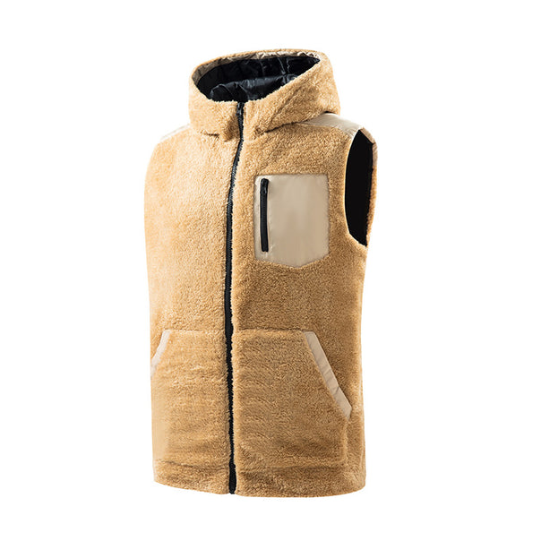 Herren Gefütterte Teddy-Fleece-Weste mit Kapuze, Reißverschluss-Brusttasche und Kängurutaschen Mune Fashion