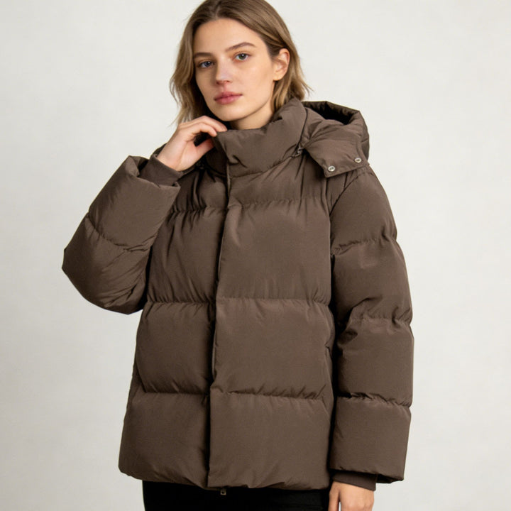 Women's Padded Oversized Quilted Jacket with Hood and High Stand Collar Mune Fashion