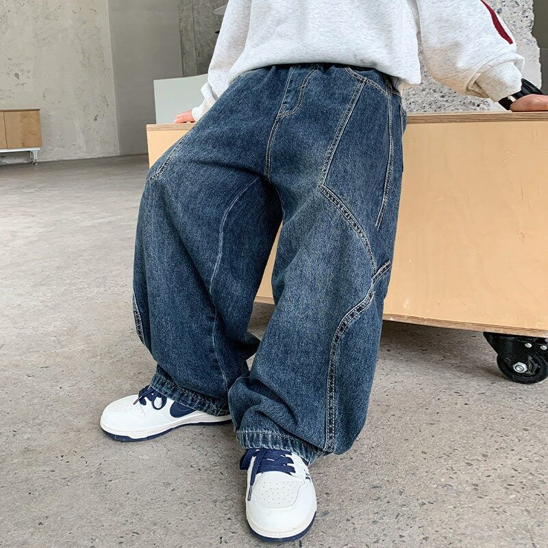 Women's wide denim pants with elastic waistband and stylish contrasting seams Mune Fashion