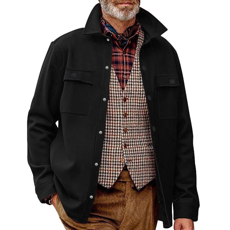Men's Fleece Shirt Jacket with Two Chest Pockets and Stylish Stand-Up Collar Mune