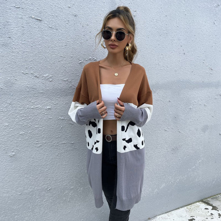 Women's Long Open Cardigan with Colorblock and Dalmatian Jacquard Pattern