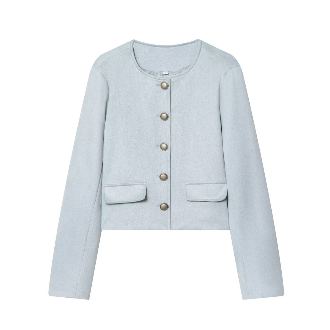 Women's Tailored Cropped Boucle Jacket with Decorative Button Placket and Flap Pockets Mune Fashion