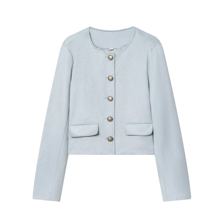 Women's Tailored Cropped Boucle Jacket with Decorative Button Placket and Flap Pockets Mune Fashion