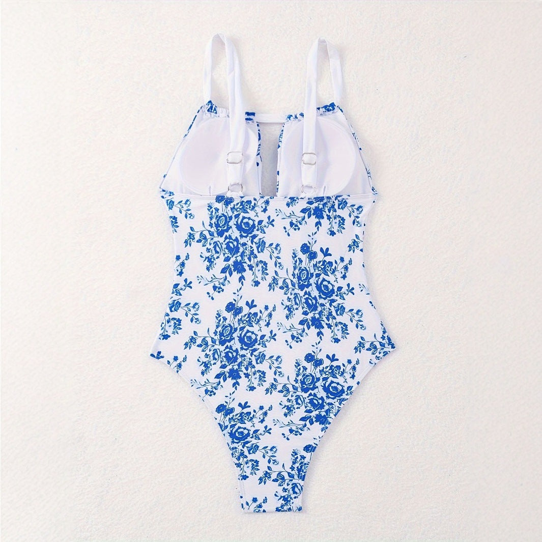 Ladies One-Piece Swimsuit with Floral Design and Deep V-Neck Mune Fashion