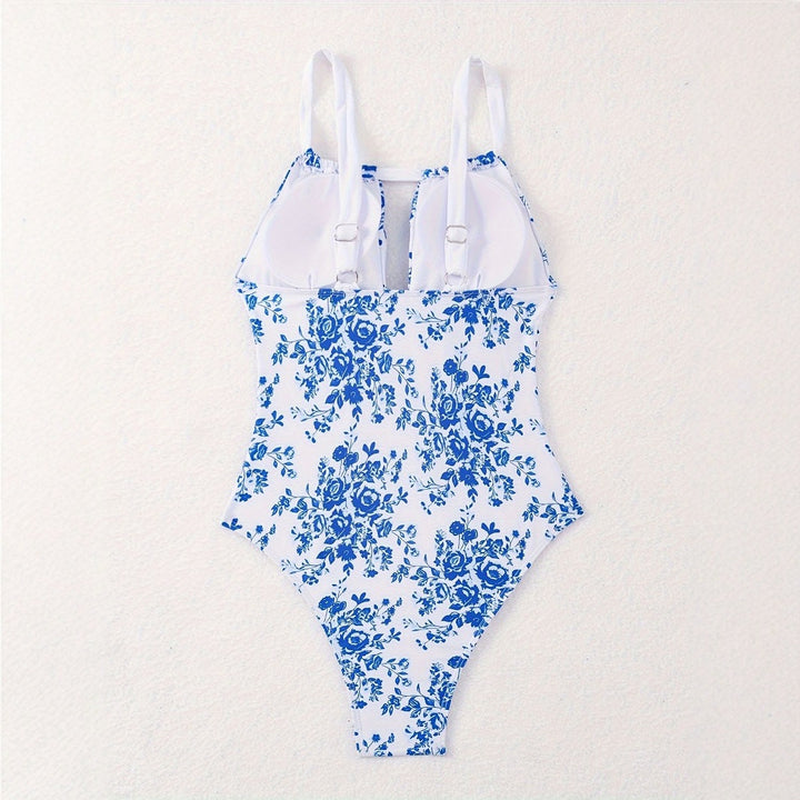 Ladies One-Piece Swimsuit with Floral Design and Deep V-Neck Mune Fashion