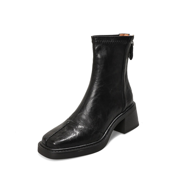 Women's ankle-high leather ankle boots with square toe and back zipper Mune Fashion