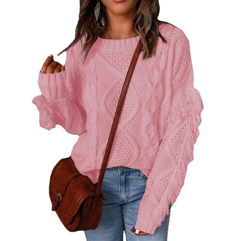 Women chunky knit sweater with cable knit structure, fringed sleeves and casual oversized fit Mune Fashion