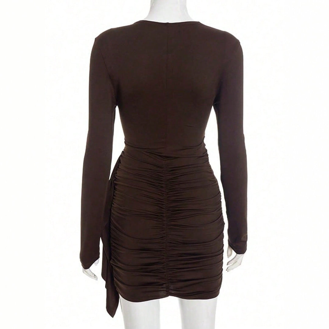 Women's bodycon long-sleeve mini dress with waist gathering and asymmetric draping Mune Fashion