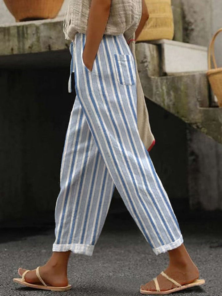 Women's Wide Linen Pants with Striped Pattern Mune Fashion