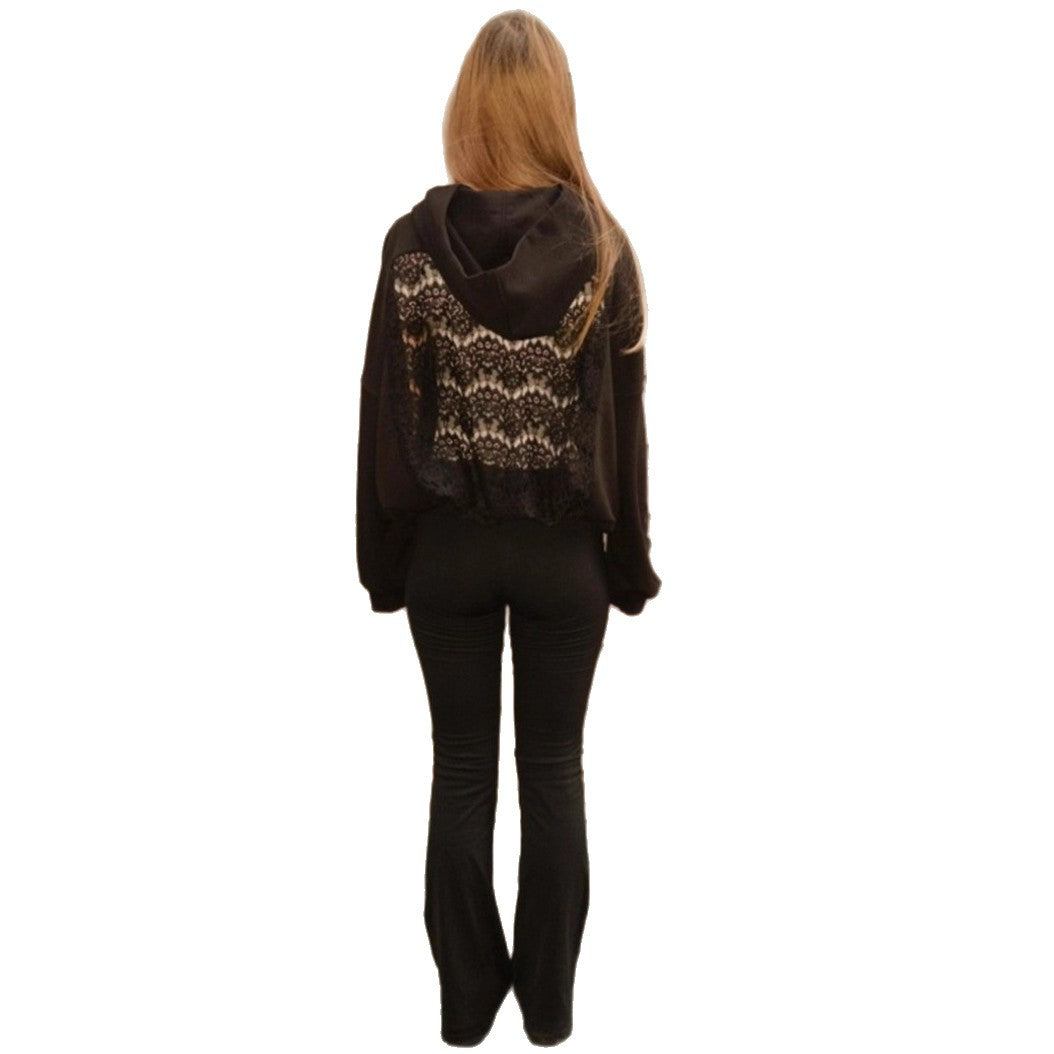 Ladies' oversized hooded sweater with floral lace insert on the back Mune Fashion