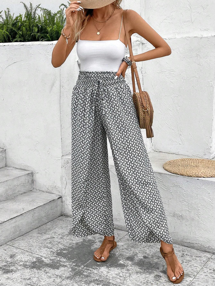 Women's Palazzo Pants with Wide Leg and Gathered Elastic Waistband Mune Fashion
