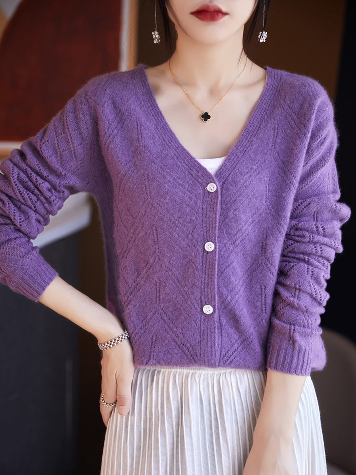 Women's Light Openwork Cardigan with Geometric Hole Structure and Boxy Short Form Mune Fashion