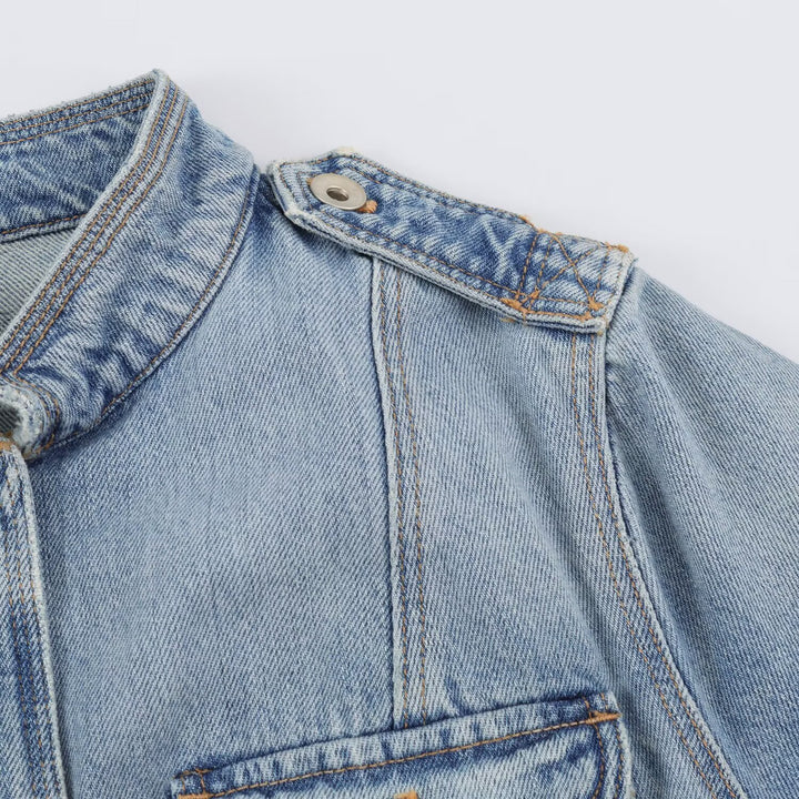 Women's utility denim jacket with stand-up collar, flap pockets and epaulettes Drune