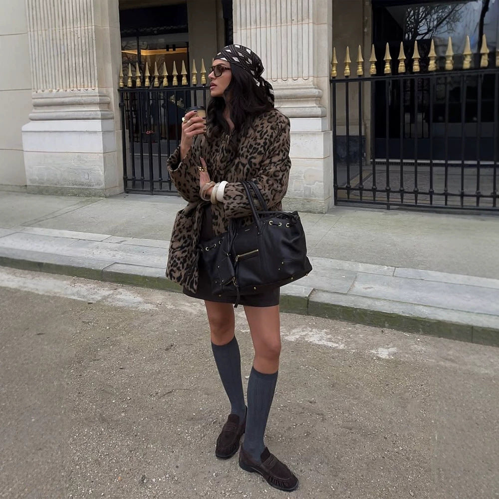 Women's Short Cut Faux Fur Coat with Leopard Print and Boxy Silhouette Mune Fashion