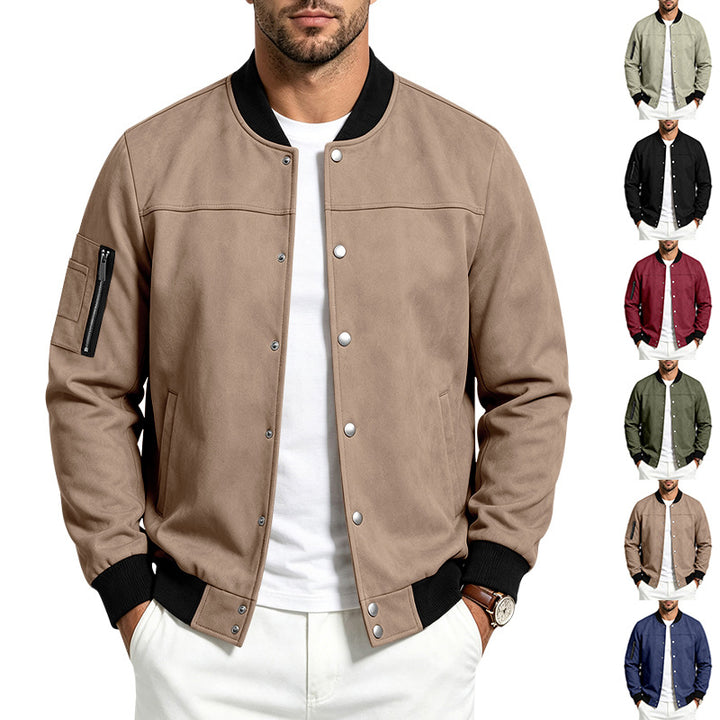 Men's Suede-Look Bomber Jacket with Snap Button Placket, Arm Pocket and Ribbed Cuffs Mune Fashion