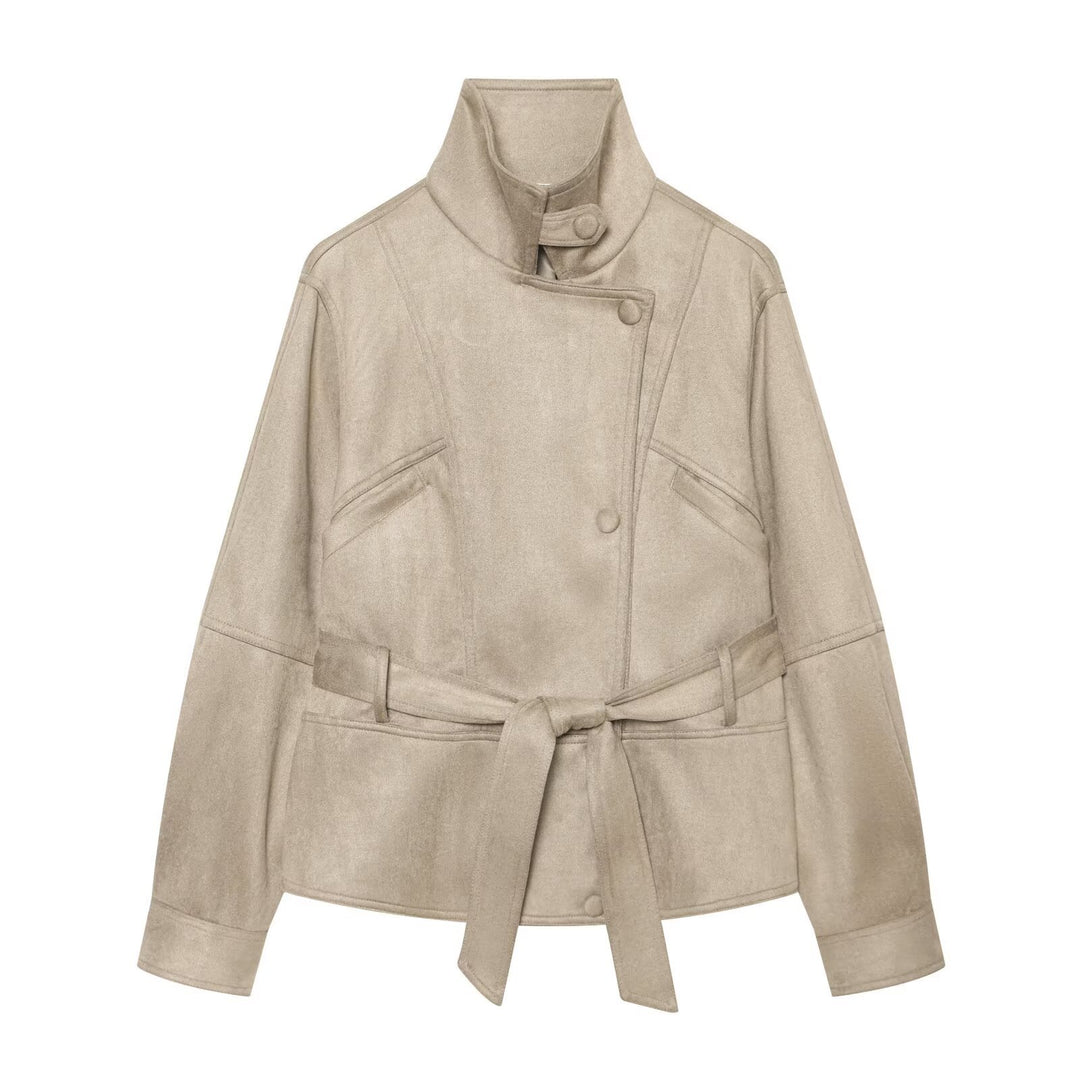 Women's tailored short jacket made of soft suede imitation with asymmetrical button placket and tie belt Mune Fashion