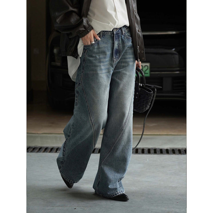 Women's High-Waisted Baggy Denim Pants with Curved Seam Details Mune Fashion