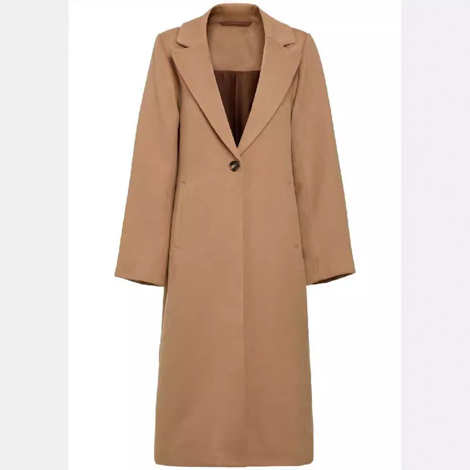 Women's Mid-Length Single-Breasted Wool Blend Coat with Minimalist Shawl Collar Mune Fashion