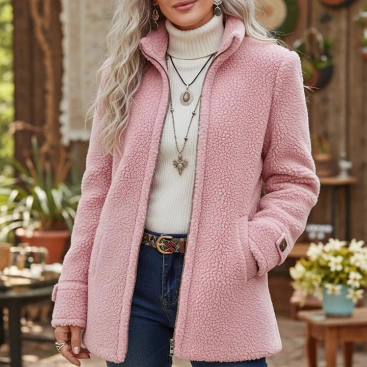 Women Cozy Teddy Cardigan Coat with Stand-Up Collar, Hidden Zipper and Decorative Button Cuffs Mune Fashion