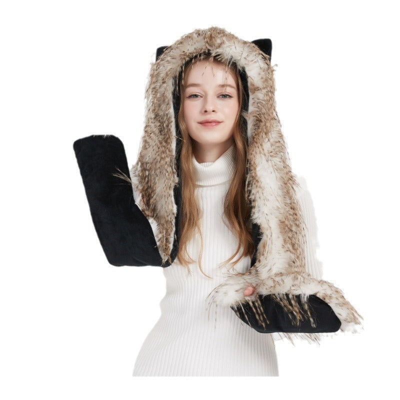 Women's hooded scarf made of luxurious faux fur with ear application and long stola ends Mune Fashion