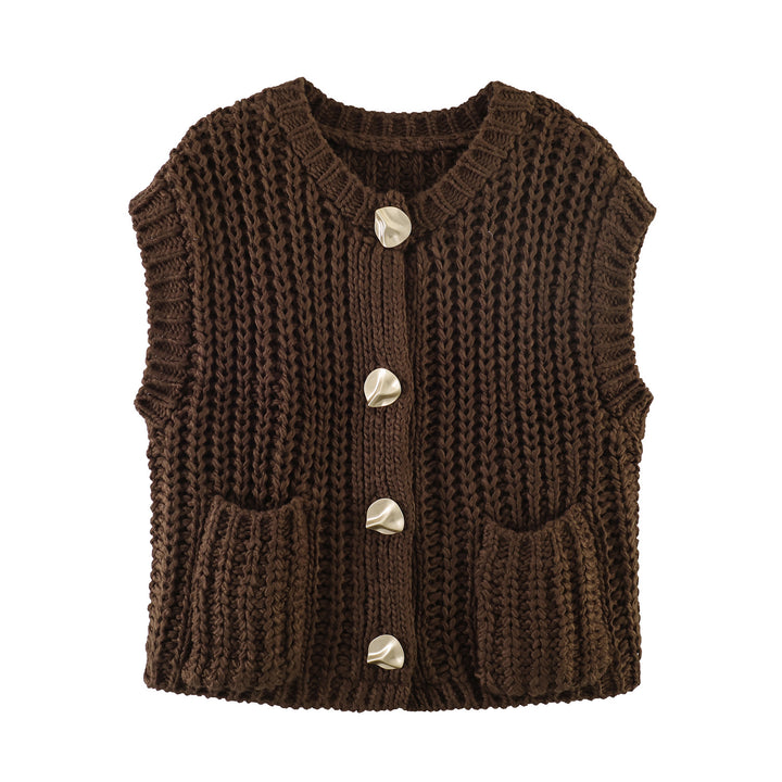 Women's chunky-knit sleeveless vest with decorative buttons and pockets Mune Fashion