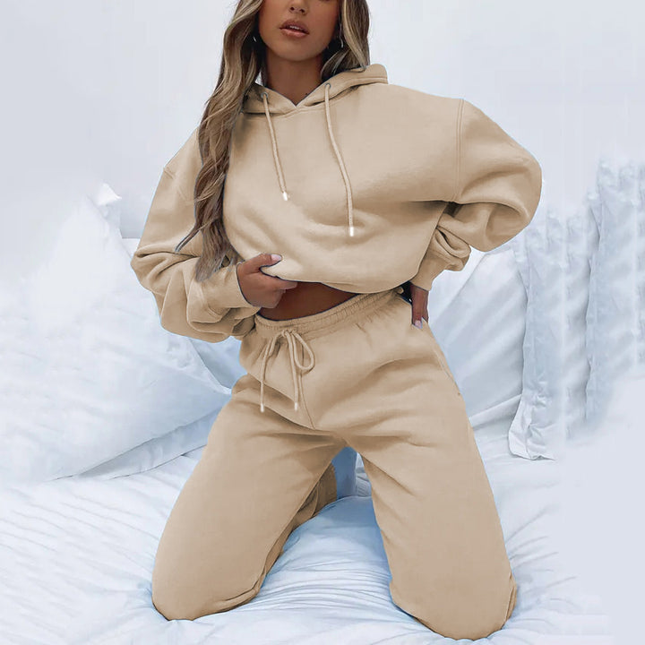 Women's Cropped Hoodie Jacket and High-Waist Jogging Pants Set made of French Terry with Elastic Waistband Mune Fashion