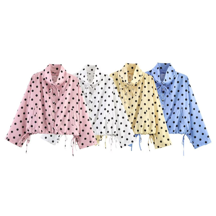 Women Polka Dot Cropped Blouse Jacket with High Tunnel Neck Collar and Drawstring Waist Mune Fashion