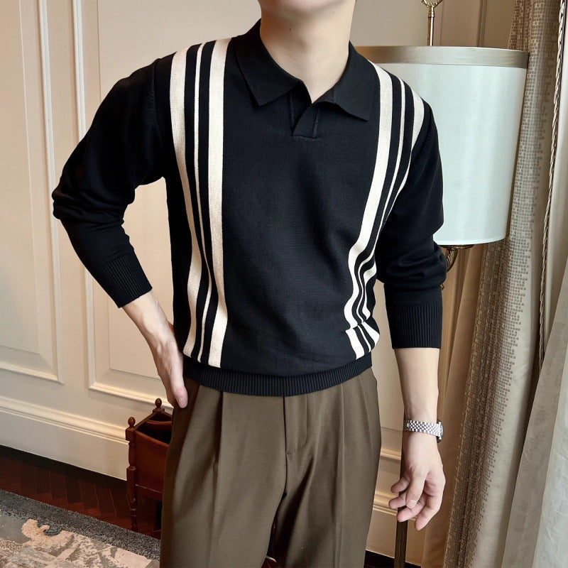 Men's Polo Collar Knit Sweater with Distinctive Stripes and Slim Fit Mune Fashion