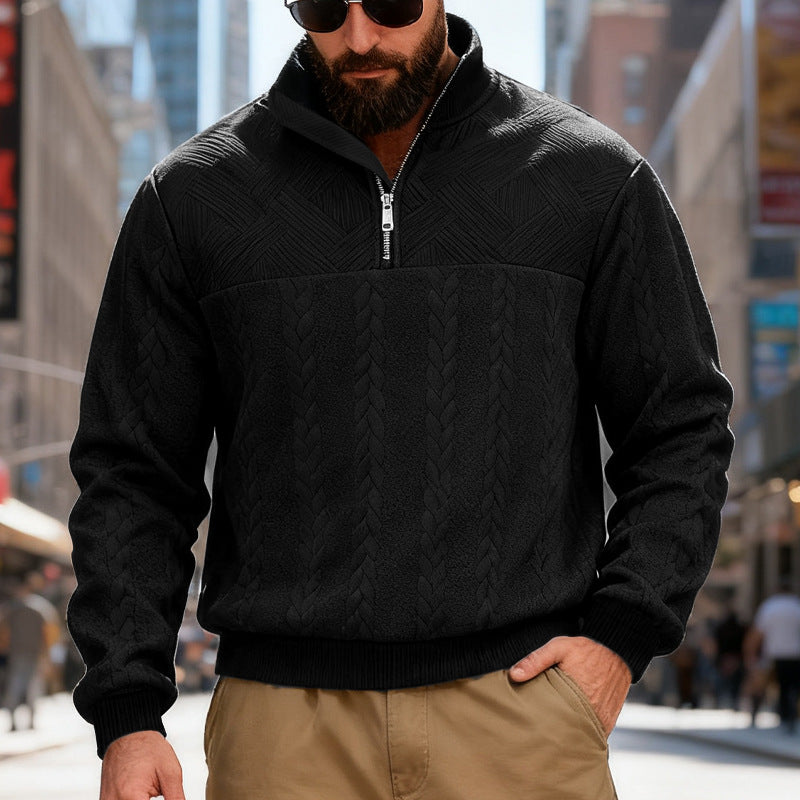 Men's textured half-zip knitted sweater with cable pattern and high stand-up collar Mune Fashion