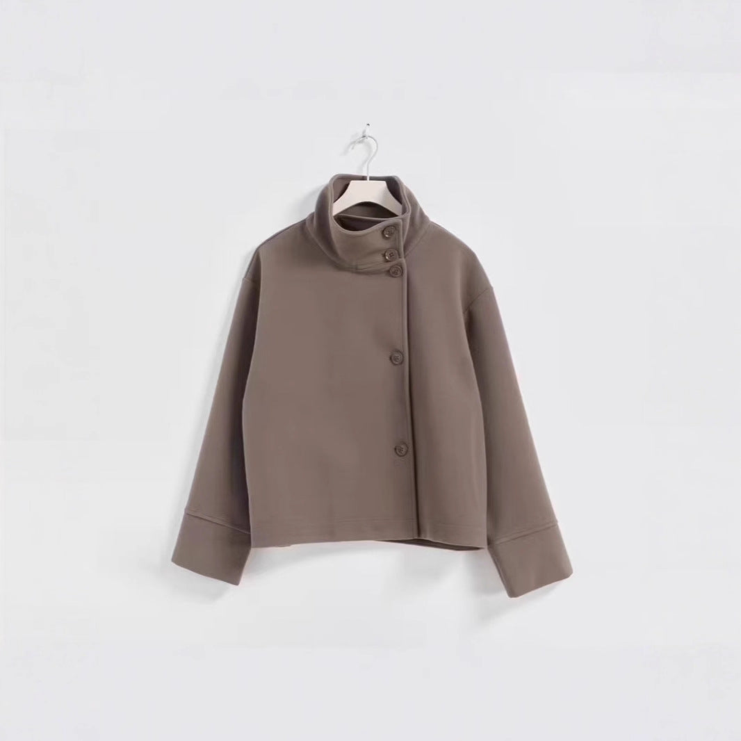 Women's short cut boxy jacket with stand-up collar and asymmetrical button placket Mune Fashion