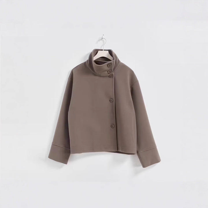 Women's short cut boxy jacket with stand-up collar and asymmetrical button placket Mune Fashion