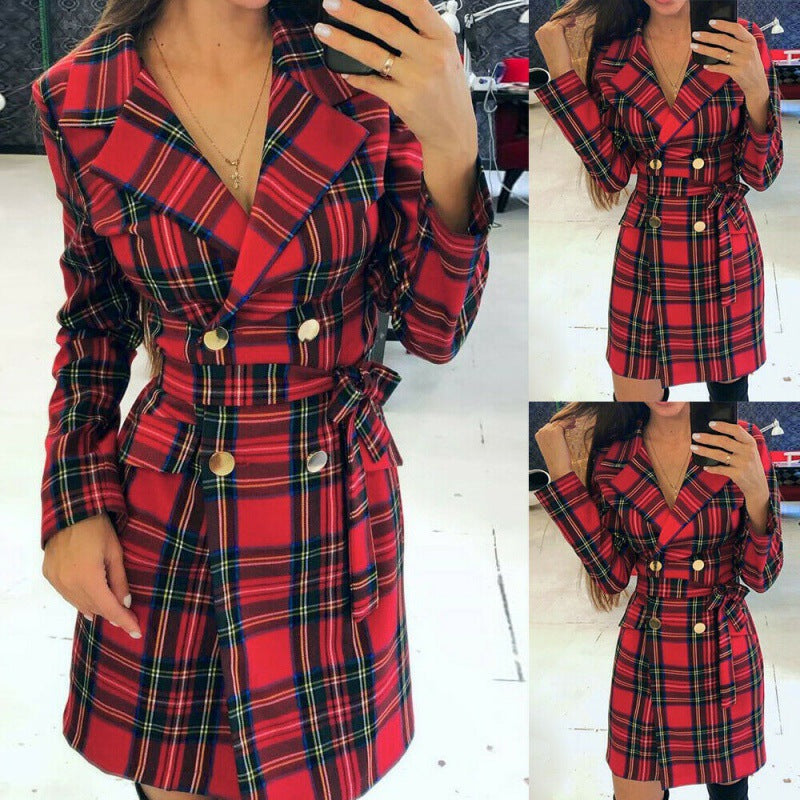 Women Checked Double-Breasted Trench Coat with Waist Belt Mune Fashion