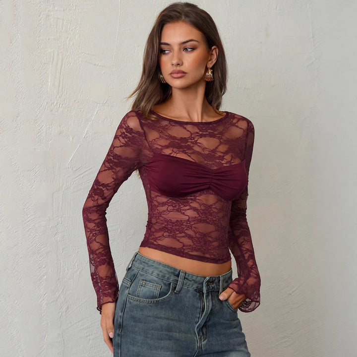 Ladies' fitted lace top with integrated bustier and gathered breast area Mune Fashion
