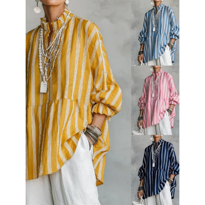 Women's Striped Oversize Tunic with Ruffle Collar and Balloon Sleeves Mune Fashion