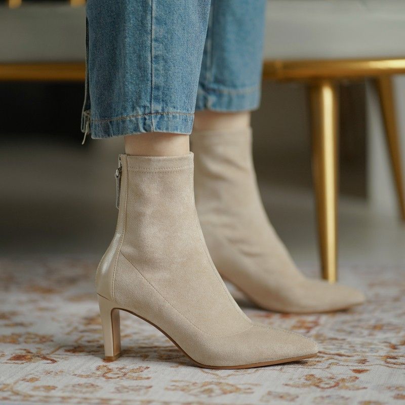 Women ankle-high ankle boots made of velour look with sock-like shaft and back zipper Mune Fashion