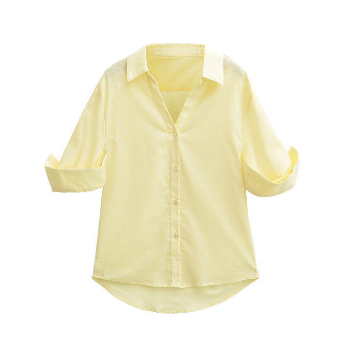 Women's Lightweight Oversized Linen-look Blouse with Kent Collar and Roll-up Sleeves Mune Fashion