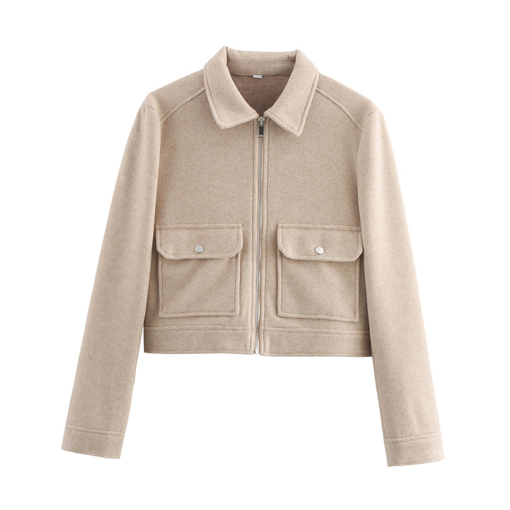 Women's short boxy wool jacket with full zip and patch pockets Mune Fashion