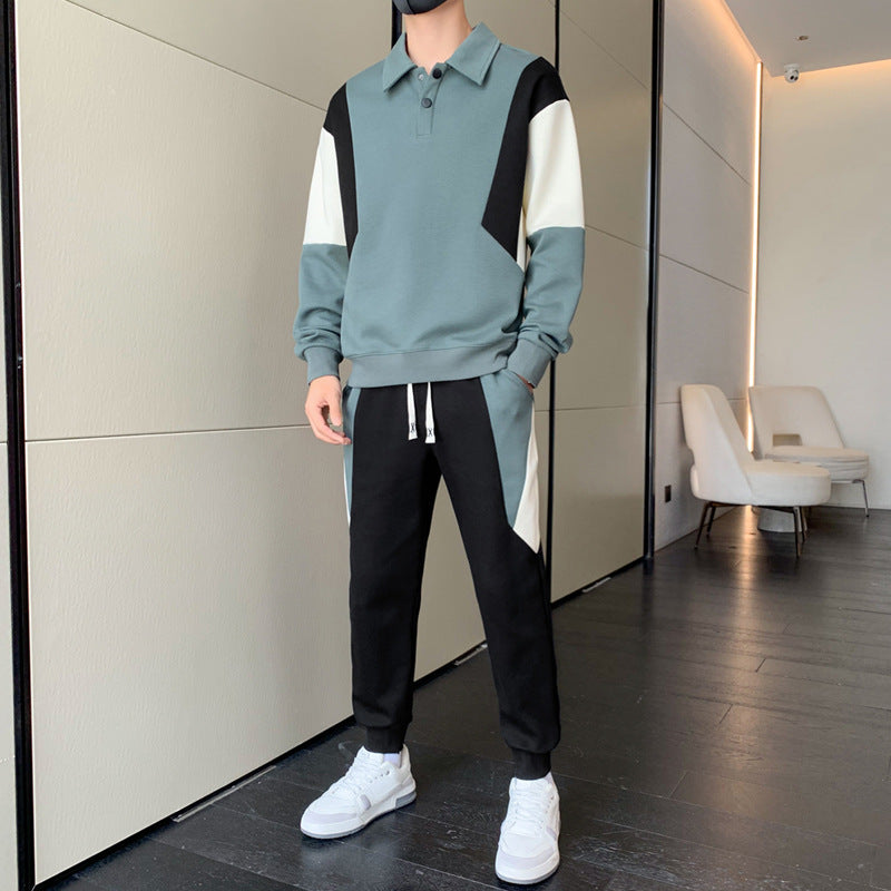 Men's Two-Piece Colorblock Tracksuit with Polo Collar & Tapered Jogging Pants Mune Fashion