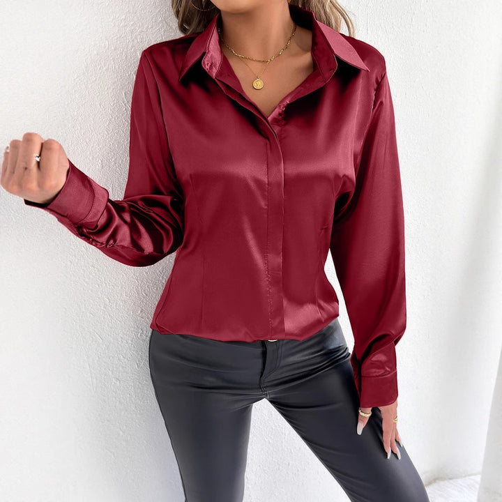 Ladies Satin Blouse with Classic Collar Mune Fashion