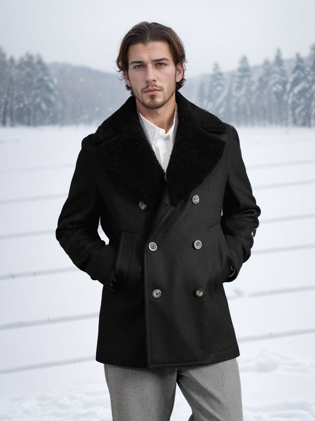 Men's short coat in pea coat style made of wool blend with voluminous teddy collar and side pockets Mune Fashion